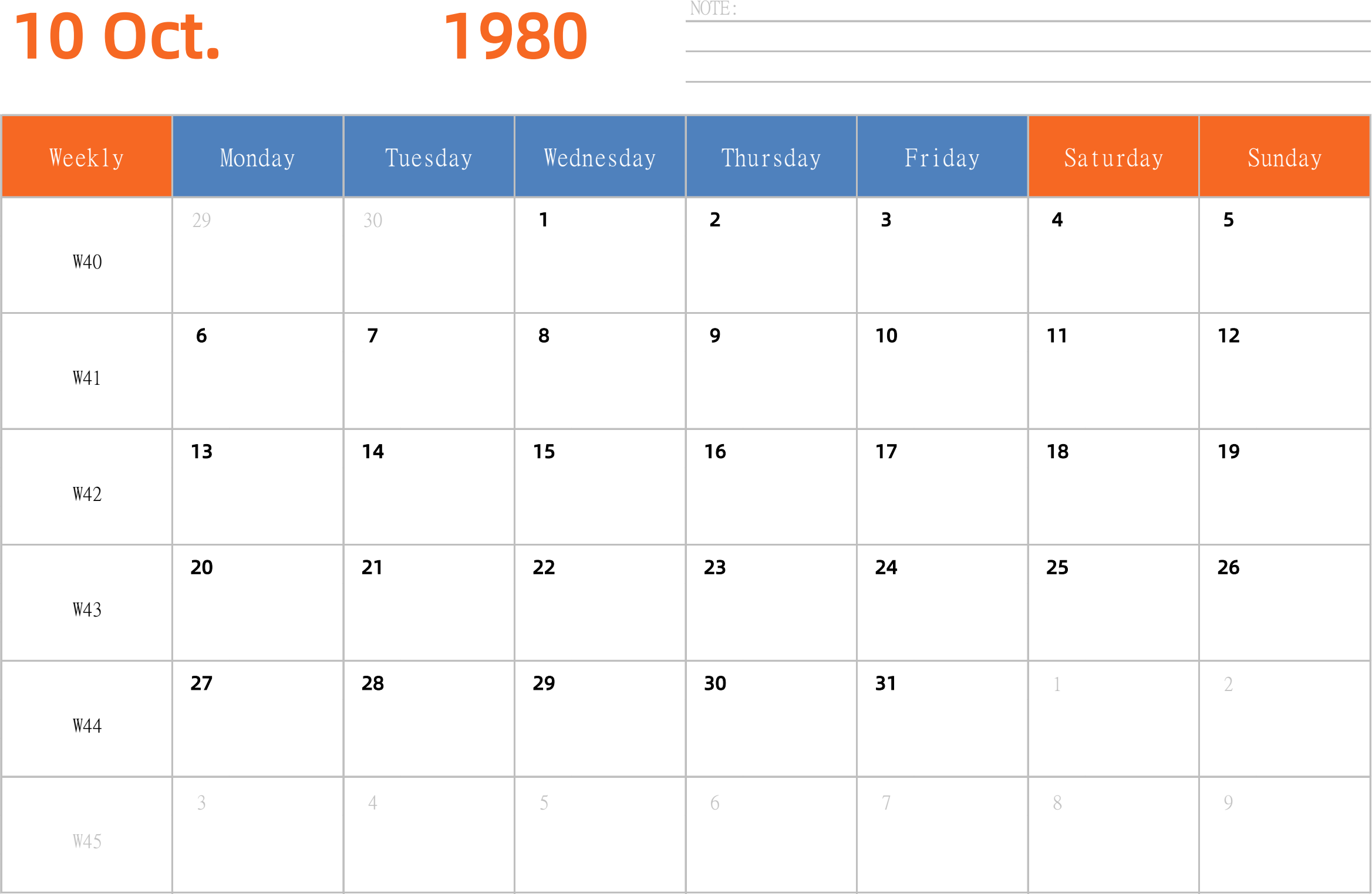 日历表1980年日历 英文版 横向排版 周一开始 带周数